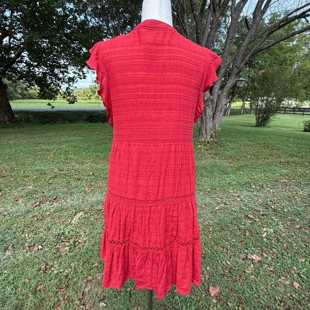 Knox Rose Womens Red Crochet Lace Tiered Boho Mini Dress Flutter Sleeve Medium - Picture 3 of 9